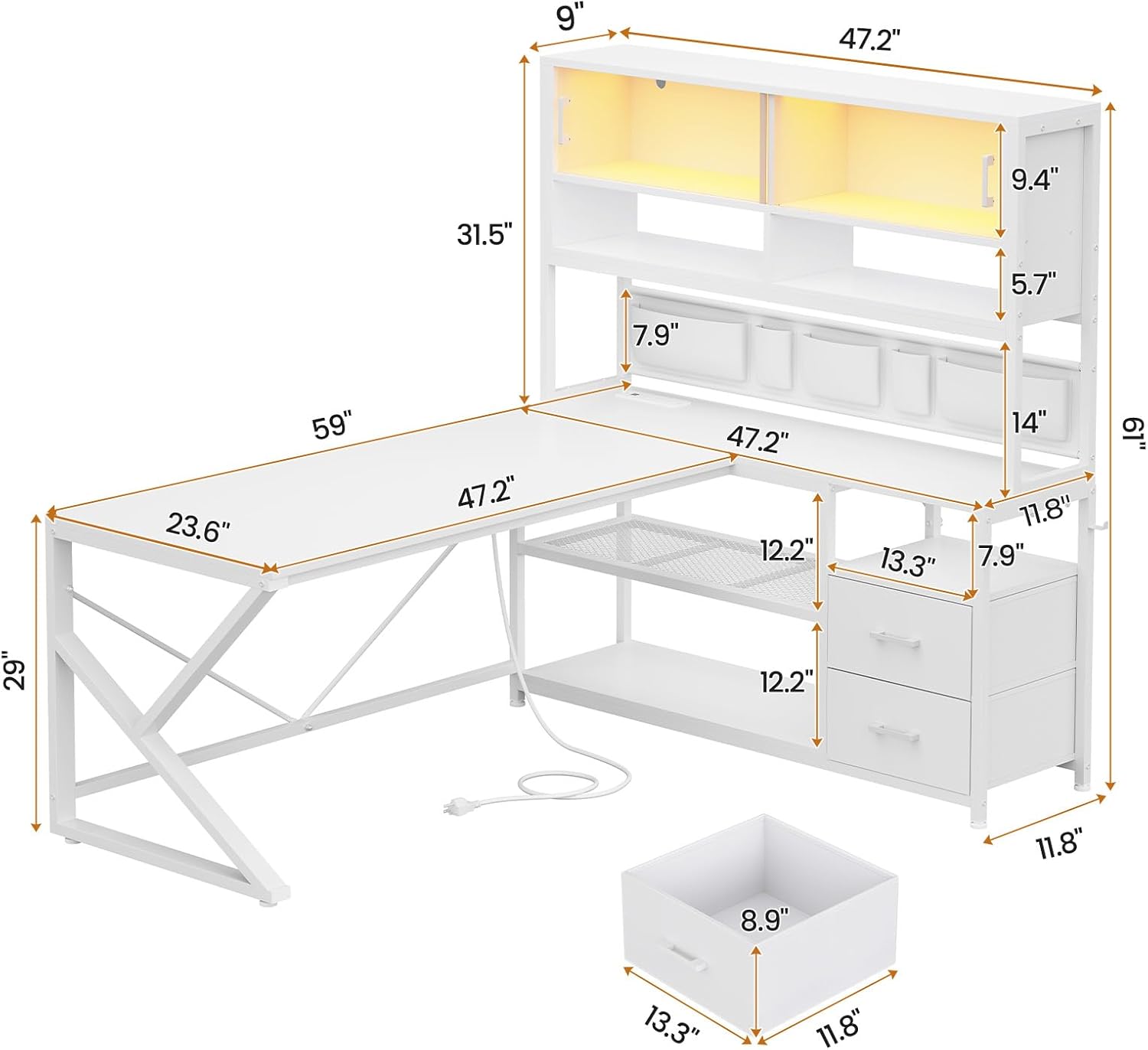 SEDETA L Shaped Gaming Desk, Home Office Computer Desk with 2 Drawer and Bookshelf, L Shaped Gaming Corner Desk with LED Light, Glass Cabinet,Storage Bag and Storage Shelves, White