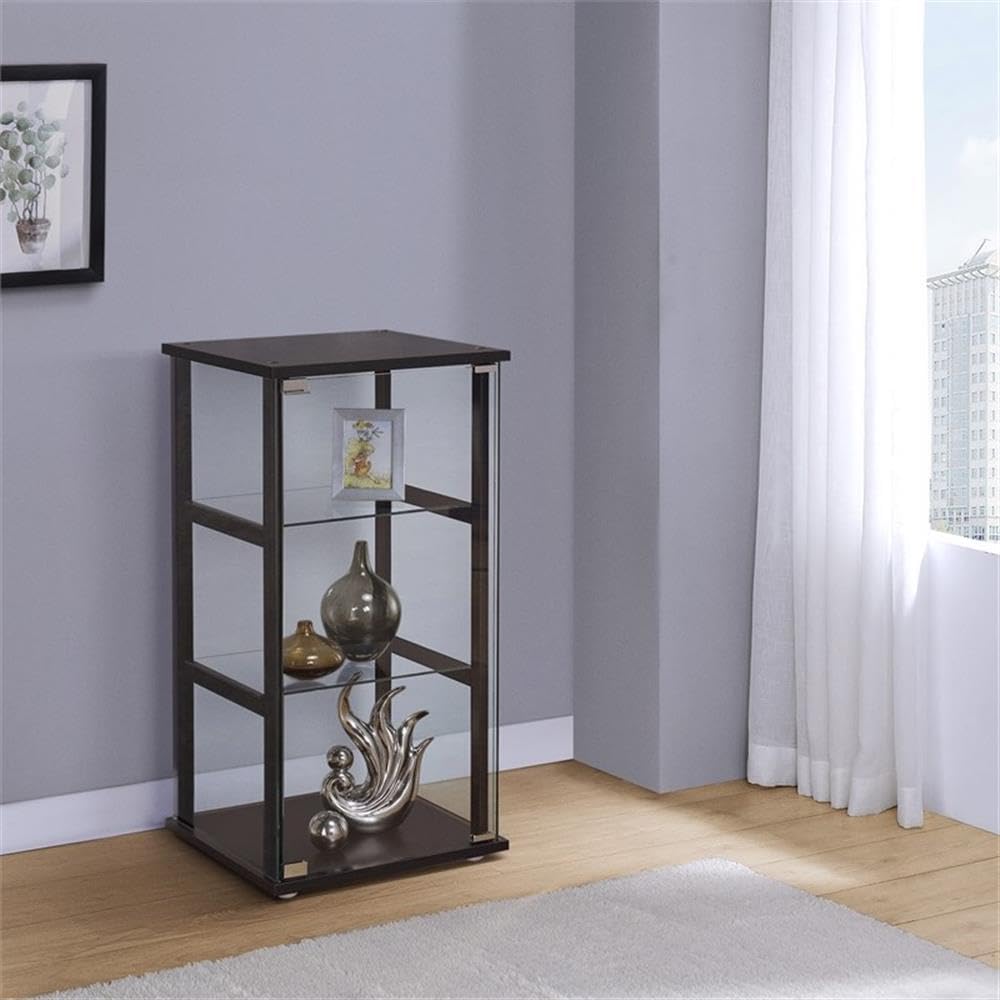 BOWERY HILL Contemporary 3 Shelf Glass Curio Cabinet, 33.5' H x 16.75' W x 14.25' D, Black Finish, Tempered Glass Shelves, Pine and Particle Board, Modern Display Cabinet for Home Décor