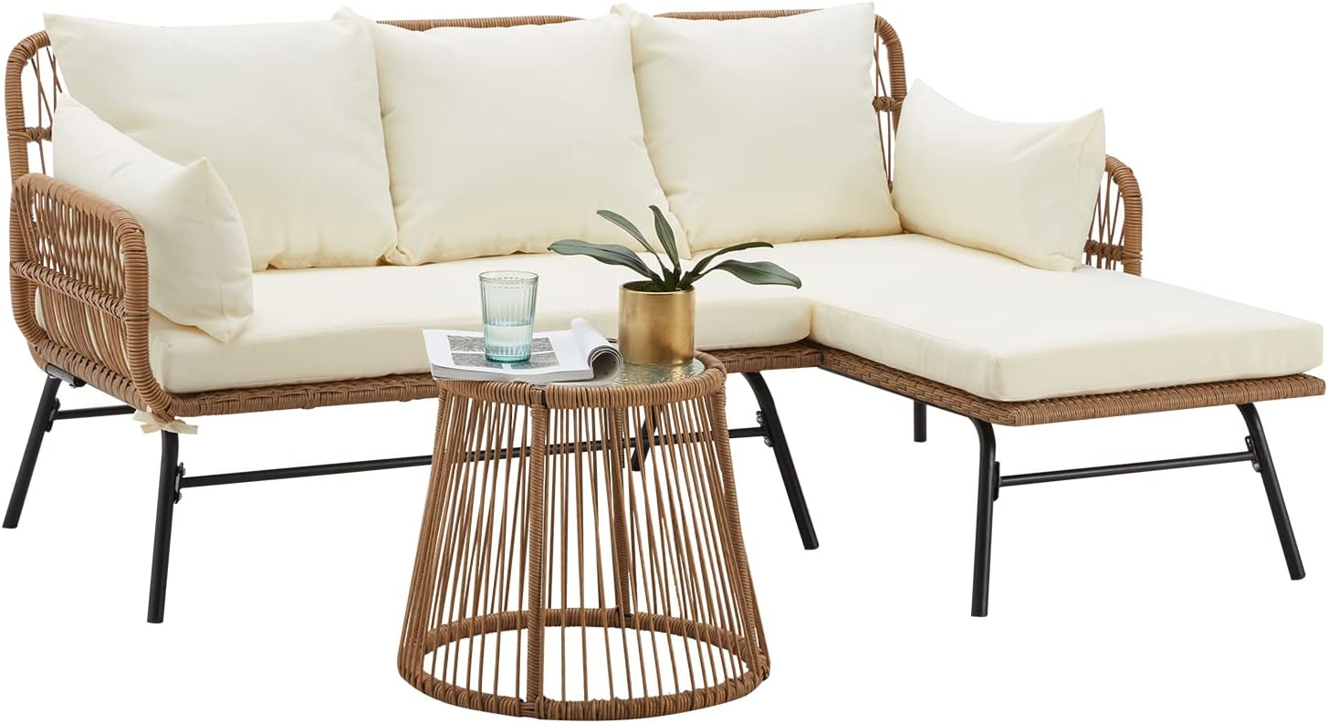 EROMMY 3 Piece Patio Furniture Set, L-Shaped Sectional Conversation Sofa Set with Thick Cushions and Toughened Glass Coffee Table for Backyard Balcony Garden Porch, White