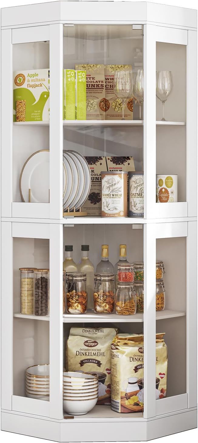70''H Tall Corner Cabinet with Glass Doors,Farmhouse Storage Cabinet with 4 Shelves & Top Guard Rail,Home Pantry Hutch for Bar,Kitchen, Dining Living Room, Bathroom, White