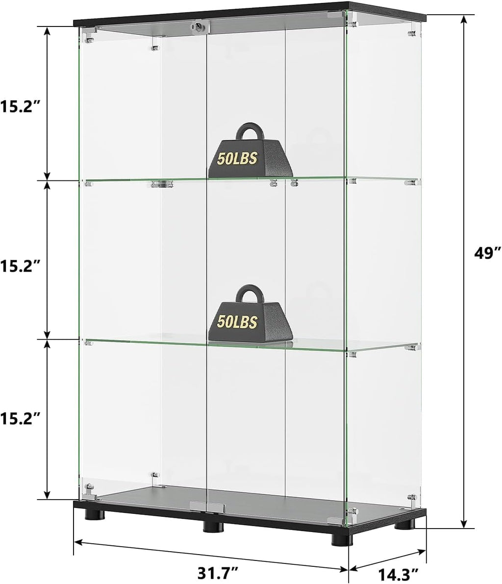 ROOMTEC Glass Display Cabinet with 3 Shelves,Double Doors, Floor Standing Display Cage, for Living Room Bedroom Office, 49.49 x 31.77 x 14.37 in, Black