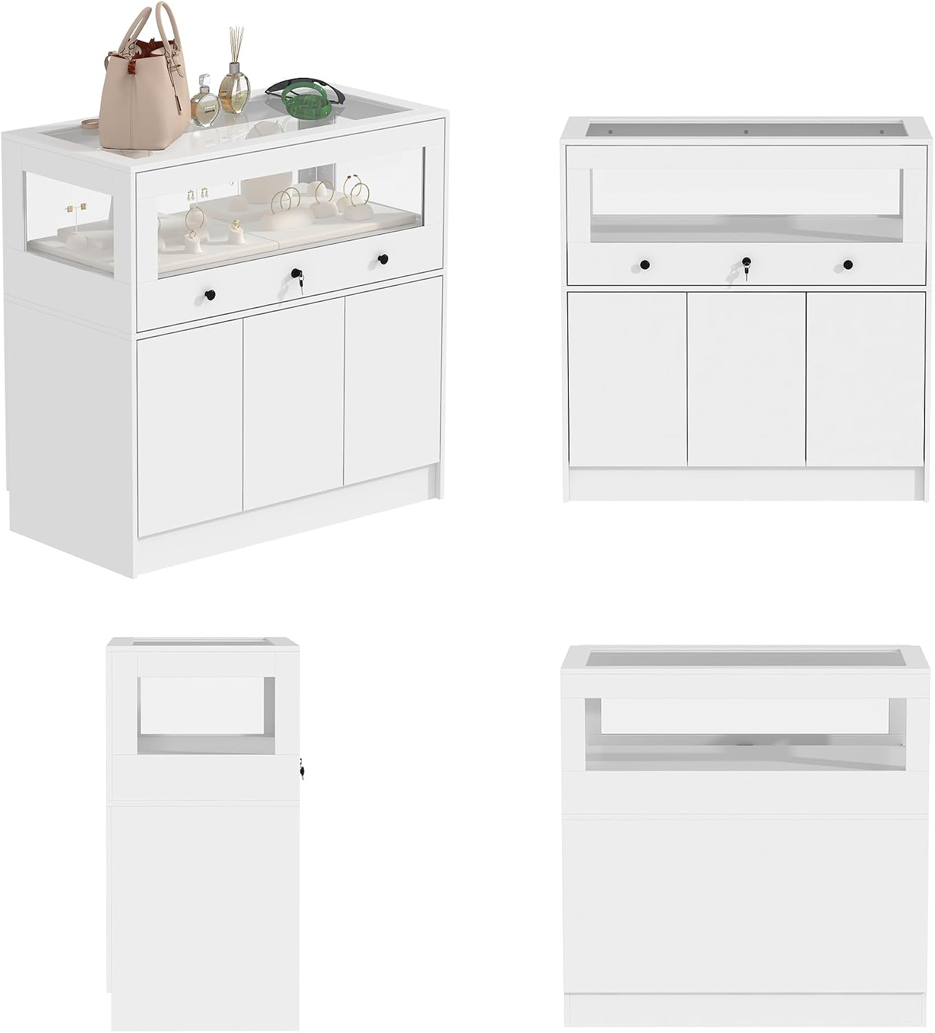 Lockable Glass Display Cabinet Closet Island, Glass Top Storage Cabinet for Retail, Collectibles Showcase with 3 Doors, Walk in Display Island for Retail Shop, Cloakroom, White