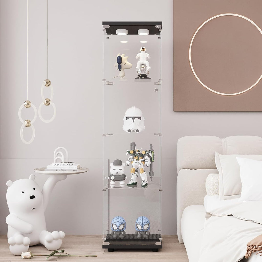 Glass Display Cabinet with LED Light and Lock, 4-Shelf Fast Installation Curio Cabinets with 5mm Tempered Glass Floor Standing Bookshelf for Bedroom (64' Hx 16.7' W x 14.3' D, Black)