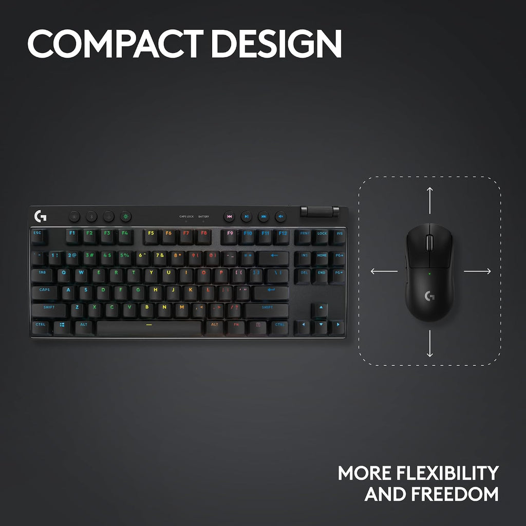 Logitech G PRO X TKL Lightspeed Wireless Gaming Keyboard, Ultra-Portable Tenkeyless Design, LIGHTSYNC RGB, PBT keycaps, Clicky Switches (GX Blue) - Black