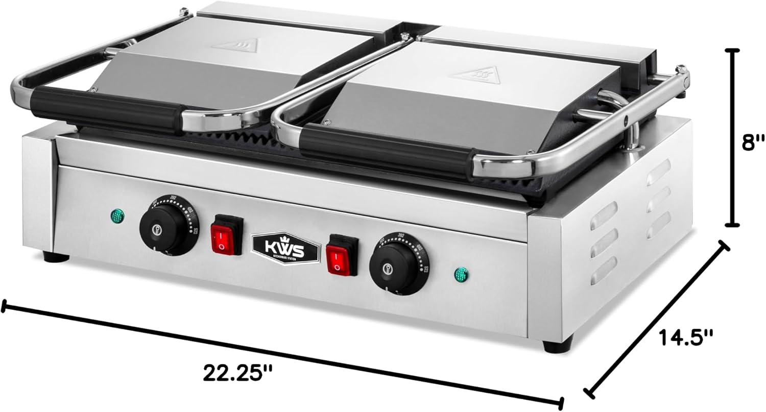 KWS CPM-23 3400W Electric Panini Press Maker with Left Grooved & Right Smooth Dual Sandwich Toasting Grill – 19″ X 9″ Cooking Surface