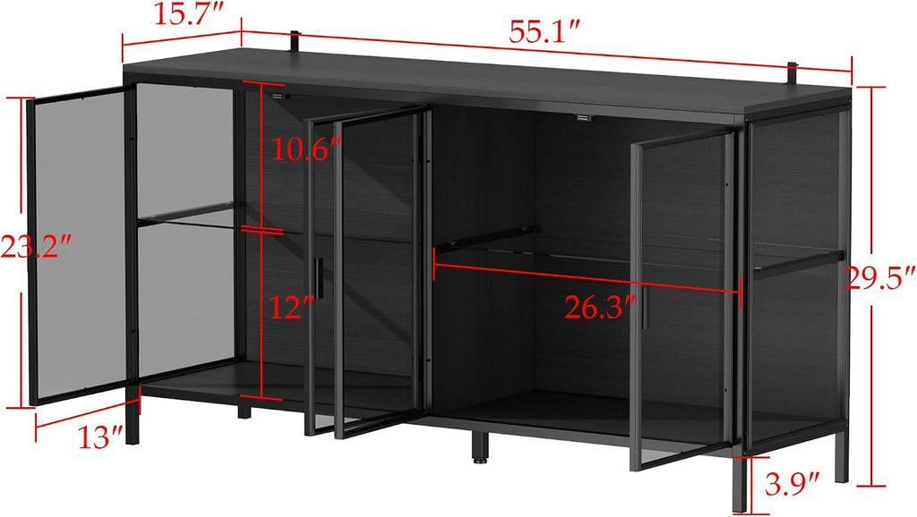 Homsee Storage Cabinet with 3-Color LED Lights, Glass Shelves & 4 Compartments, Sideboard Buffet with Solid Metal Legs, Modern Display Cabinet for Living Room Dining Room, Black | 3-Color LED Lights, Glass Shelves, 4 Compartments, Solid Metal Legs