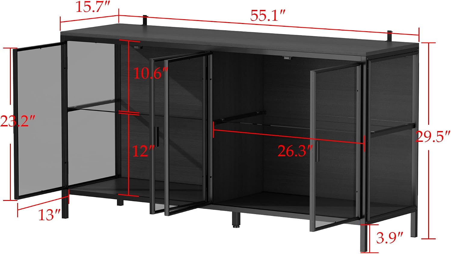 Homsee Storage Cabinet with 3-Color LED Lights, Glass Shelves & 4 Compartments, Sideboard Buffet with Solid Metal Legs, Modern Display Cabinet for Living Room Dining Room, Black | 3-Color LED Lights, Glass Shelves, 4 Compartments, Solid Metal Legs