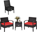 COSTWAY Rattan Patio Furniture Set 3 Pieces, Wicker Conversation Set with Tempered Glass Coffee Table, Seat Cushions, Outdoor Chair Wicker Sofa for Backyard Balcony Porch Poolside, Red
