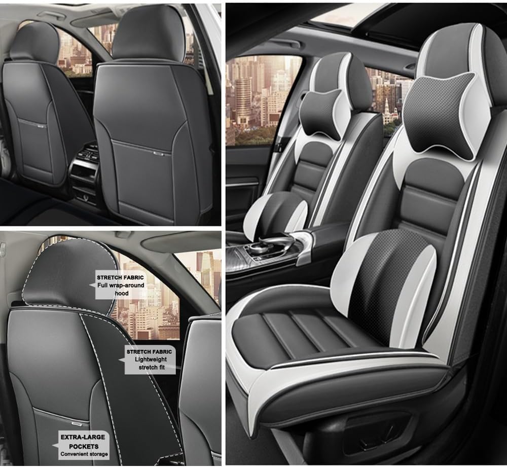 2 Seat Covers for Volvo XC90 2006-2024 Leather Car Seat Covers Waterproof Soft Car Seat Protectors Comfort Premium Automotive Seat Covers with Airbag（Luxury,White+Gray）