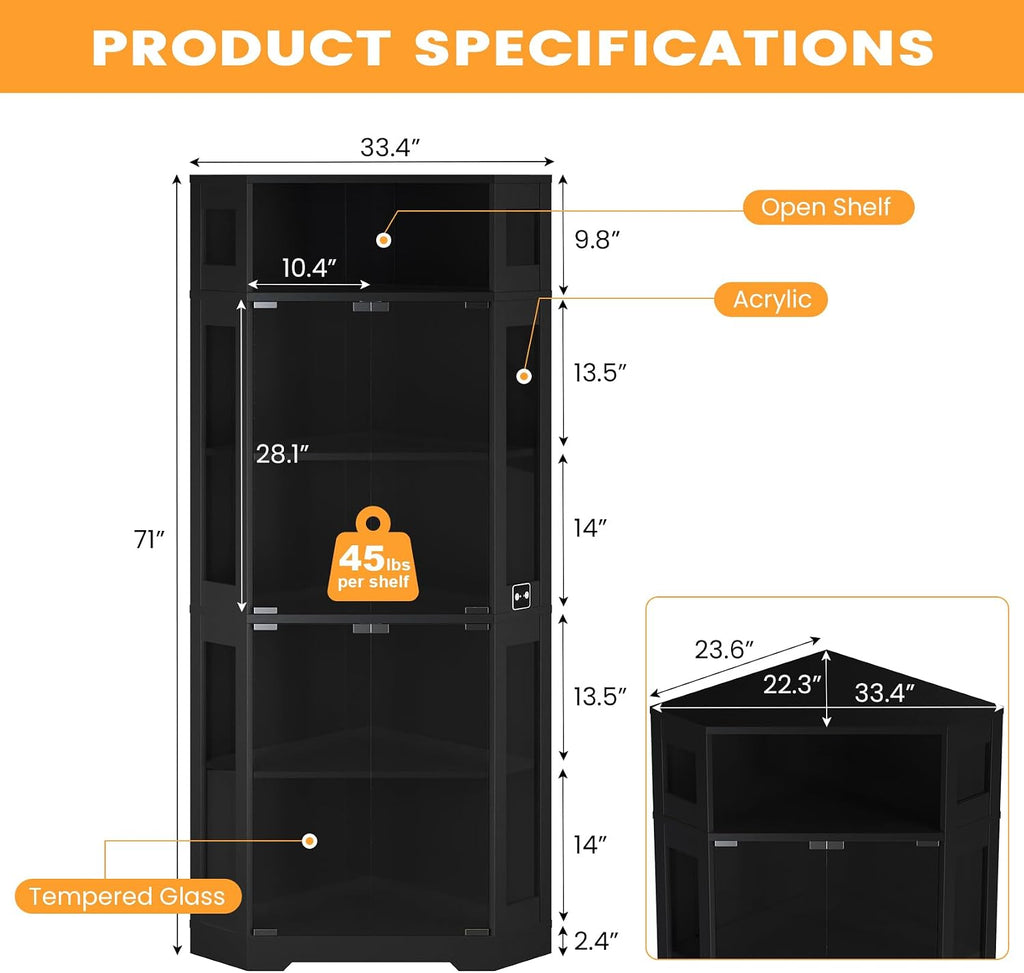 Corner Display Cabinet with Glass Doors, 71' Lighted Curio Cabinet with 3 Color Lights for Collectibles, 5-Tier Display Case with Human Body Sensor for Toys, Books, Black