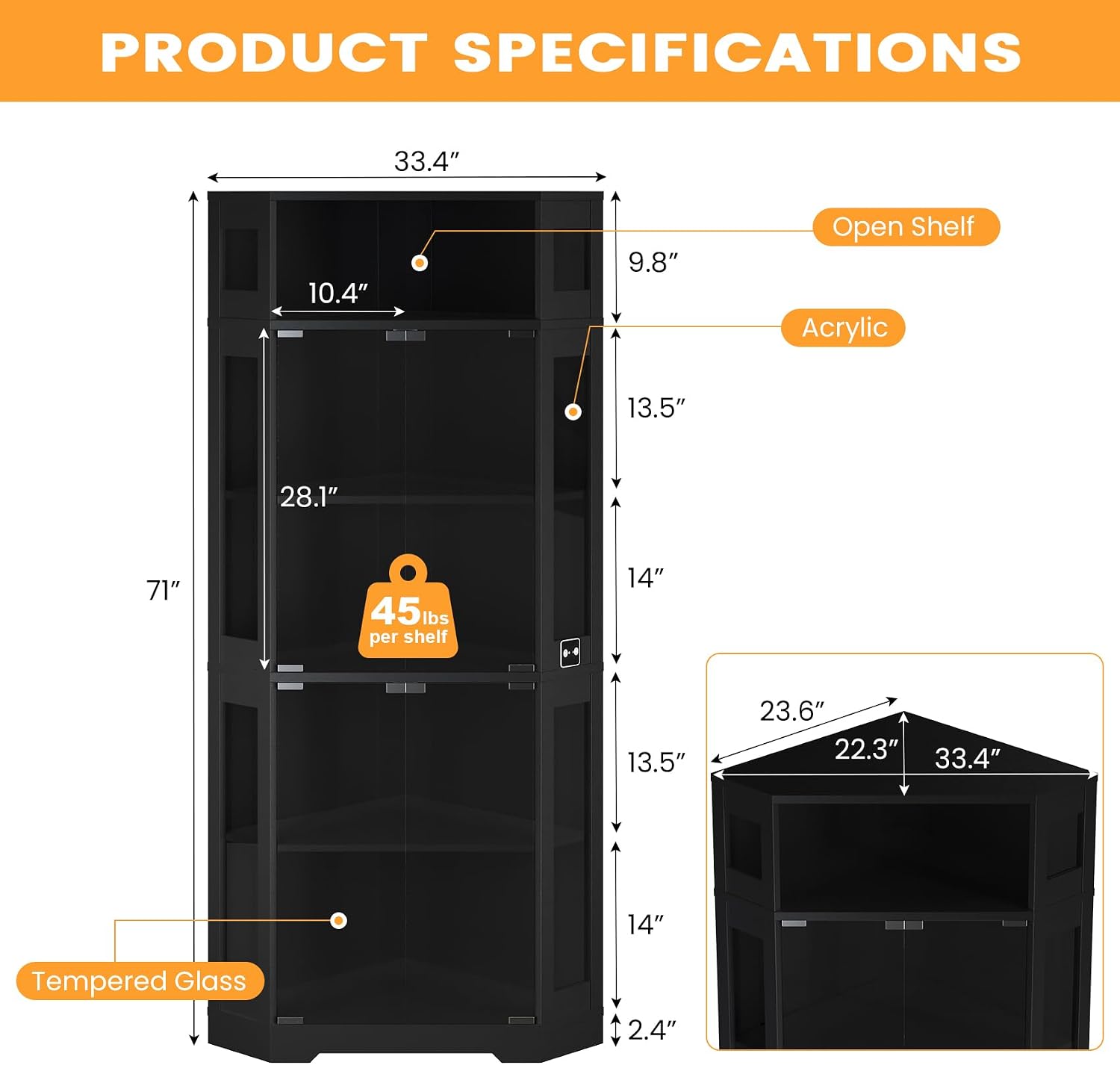 Corner Display Cabinet with Glass Doors, 71' Lighted Curio Cabinet with 3 Color Lights for Collectibles, 5-Tier Display Case with Human Body Sensor for Toys, Books, Black