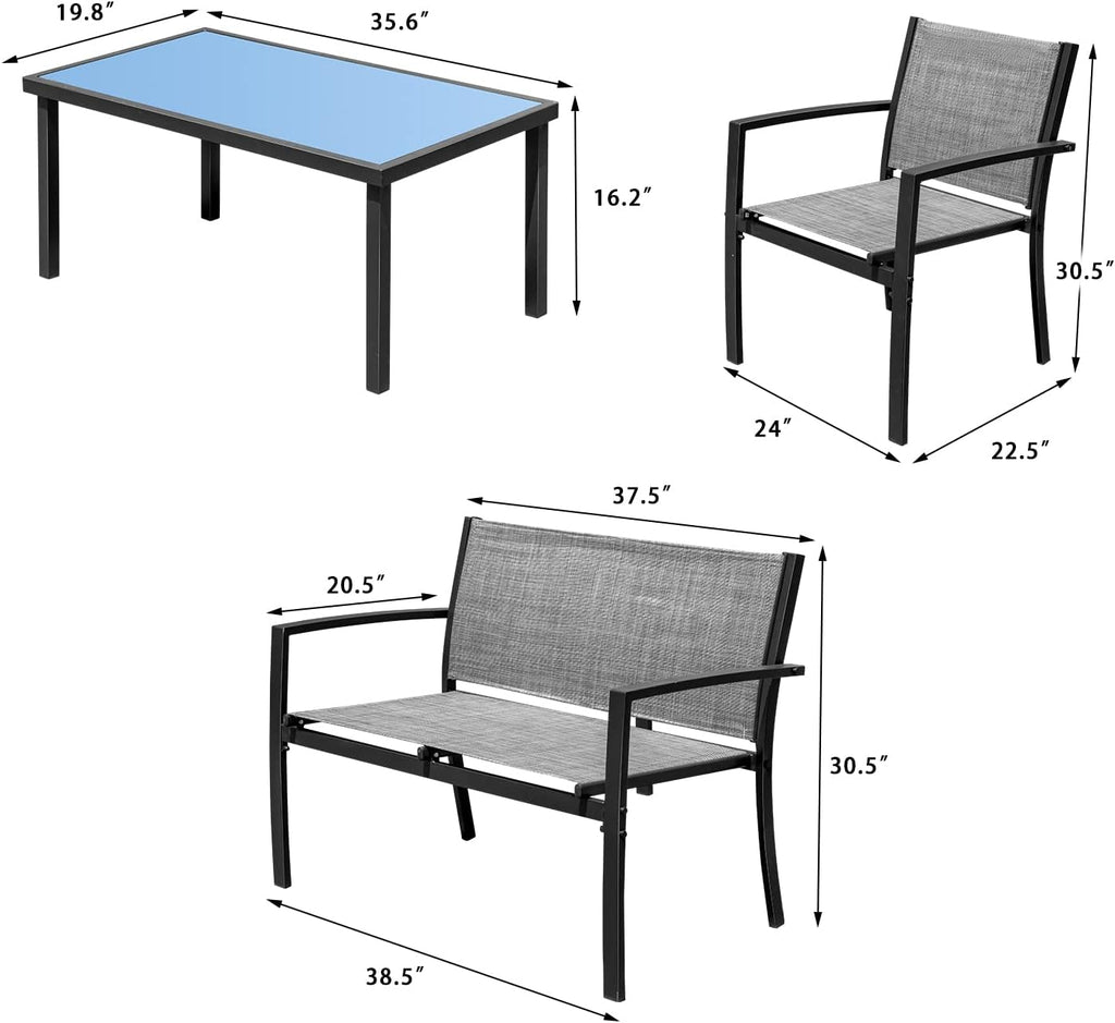 Devoko 4 Pieces Patio Furniture Set Outdoor Garden Patio Conversation Sets Poolside Lawn Chairs with Glass Coffee Table Porch Furniture (Grey)