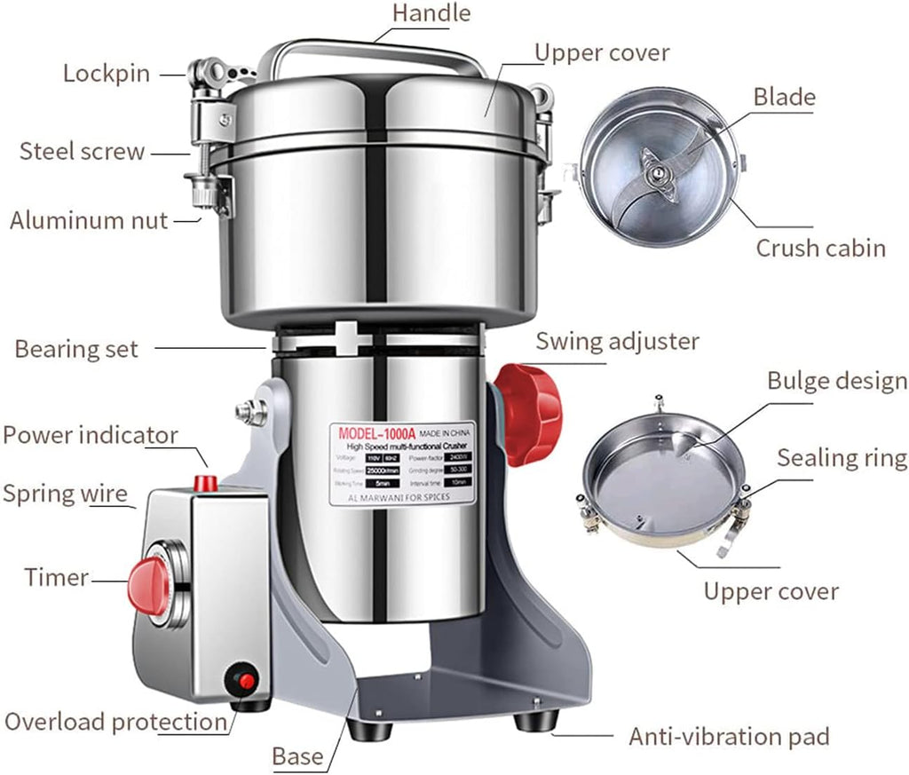 Electric Grain Grinder Mill 1000g High-speed Spice Herb Mill Commercial Powder Machine for Dry Cereals Grain Herb Spice Coffee Corn Bean (1000g Stand Type)