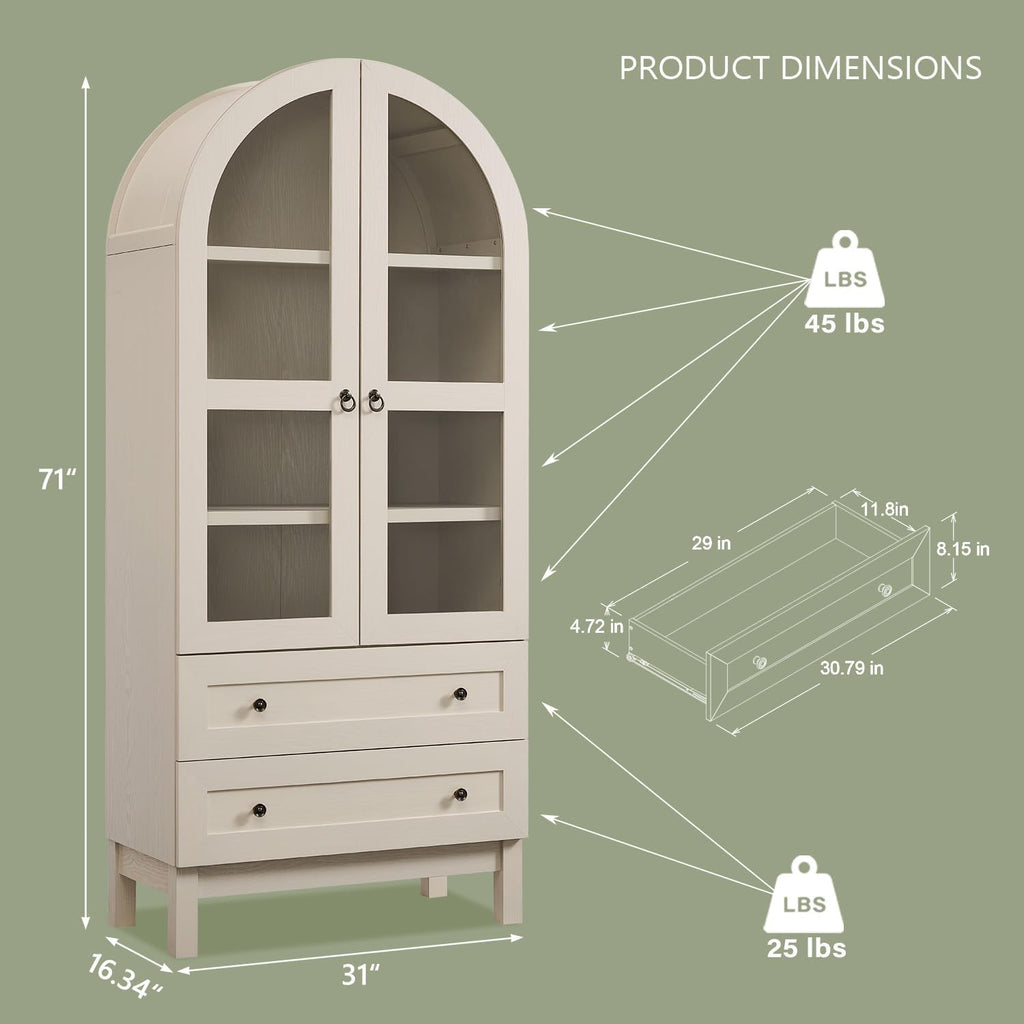 IFGET 71' Tall Arched Kitchen Pantry Cabinet, Wood Kitchens Storage Cabinets with 2 Large Drawers and Adjustable Shelves, Modern Farmhouse Versatile Cupboard for Kitchen, Dining Room, Bathroom, Cream