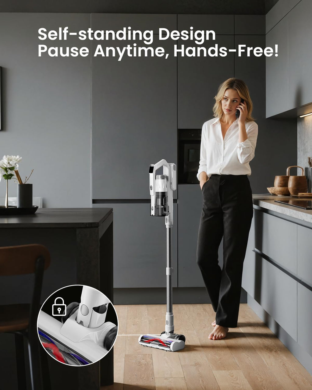 Cordless Vacuum Cleaner for Home, Upgraded 60Kpa Powerful Suction Pet Hair Vacuum with 70min Runtime, Green LED Light for Hardwood Floors & Carpet, Self-Standing Rechargeable Stick Vacuum, Grey-white