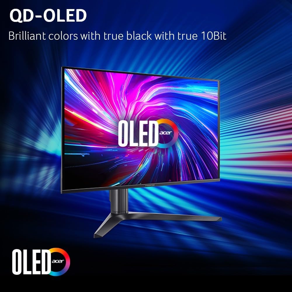 Acer Predator Gaming Monitor | 26.5' WQHD 2560x1440 QD-OLED | AMD FreeSync Premium | 240Hz | 0.03ms | Tilt, Height Adjustment, Pivot & Swivel | DCI-P3 99% | 2 x DP 1.4 & 2 x HDMI 2.1 | X27U W1bmiipprx