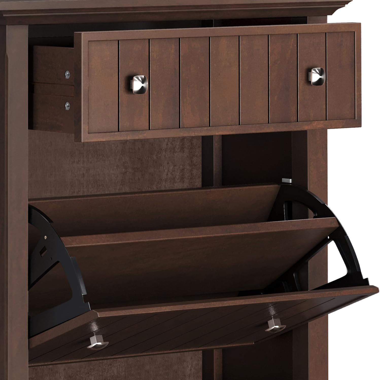 SIMPLIHOME Acadian Storage Cabinet - 32 inch Wide Solid Wood Entryway Shoe Storage Cabinet in Brunette Brown, Transitional Tilt-Out Shoe Organizer for Hallway with Drawer and Brushed Nickel Hardware