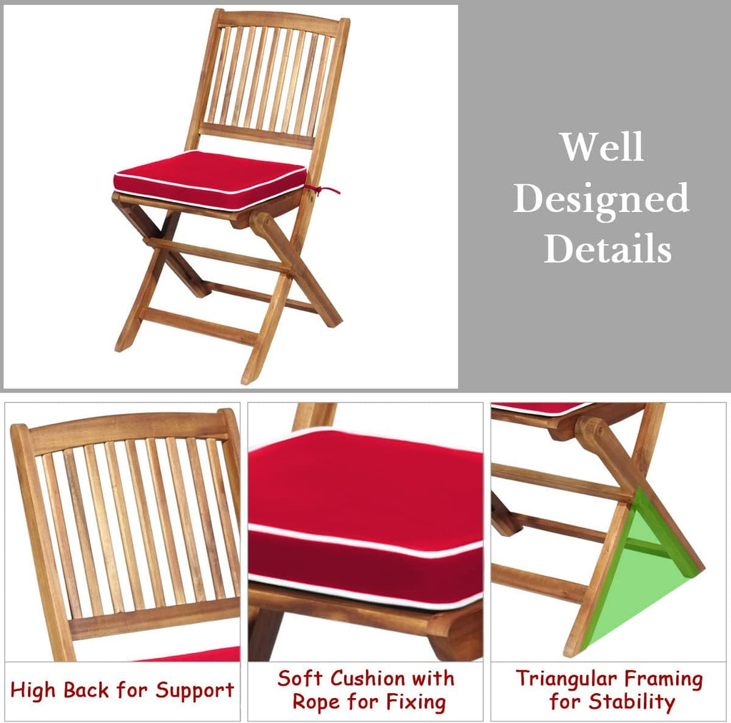 Tangkula 3 PCS Patio Folding Bistro Set, Outdoor Acacia Wood Chair and Table Set w/Padded Cushion& Round Coffee Table, Ideal for Indoor Patio Poolside Garden (Red)