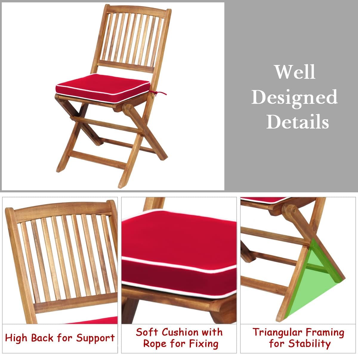 Tangkula 3 PCS Patio Folding Bistro Set, Outdoor Acacia Wood Chair and Table Set w/Padded Cushion& Round Coffee Table, Ideal for Indoor Patio Poolside Garden (Red)