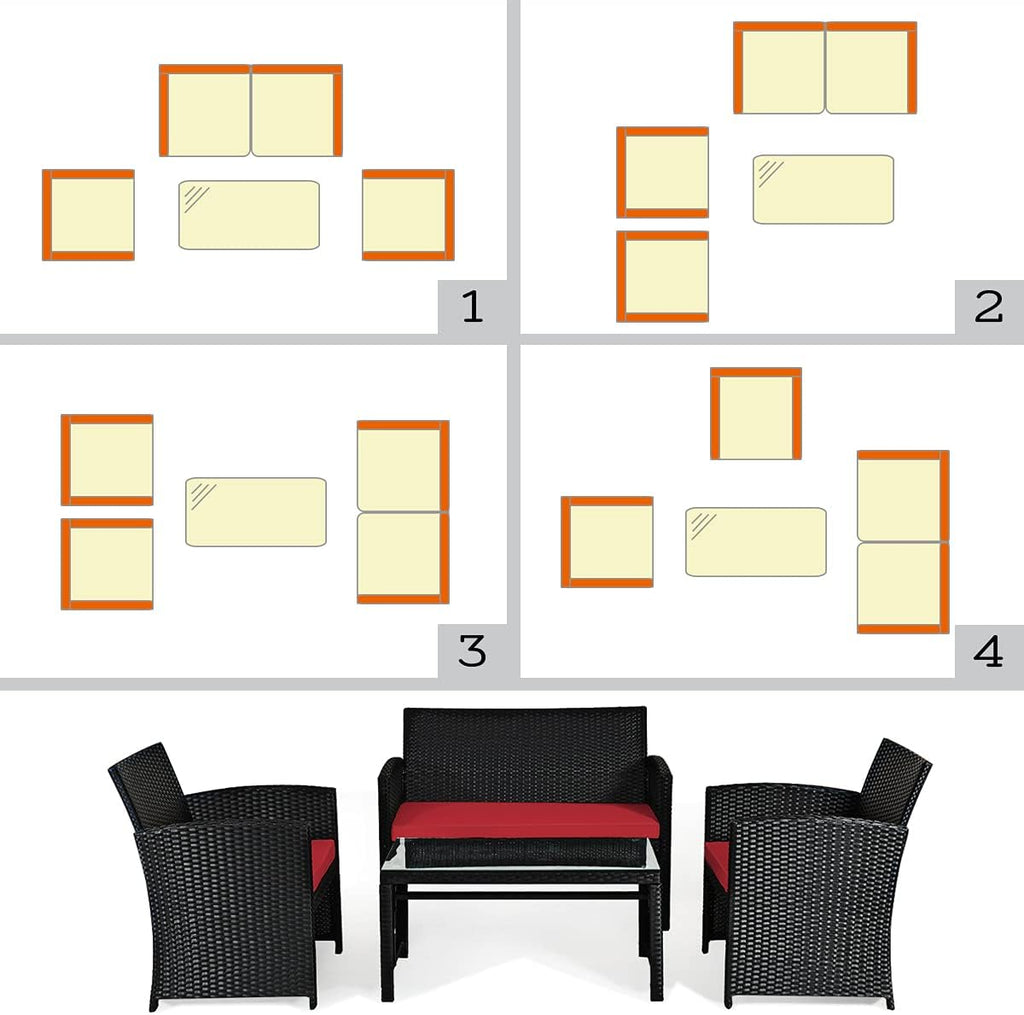 Tangkula Patio Wicker Conversation Furniture Set, Patiojoy Sofa & Table Set w/4 Seats, Outdoor Rattan Sofa Set for Balcony Backyard, Wicker Chair Set with Tempered Glass Coffee Table (1, Red)