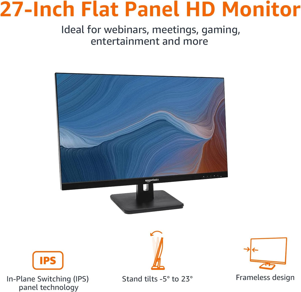 Amazon Basics 27 in IPS Monitor, Full HD 1080P, 75 Hz, Adjustable Stand, HDMI, Display Port, VGA Input, Built-in Speakers, VESA Compatible, Black