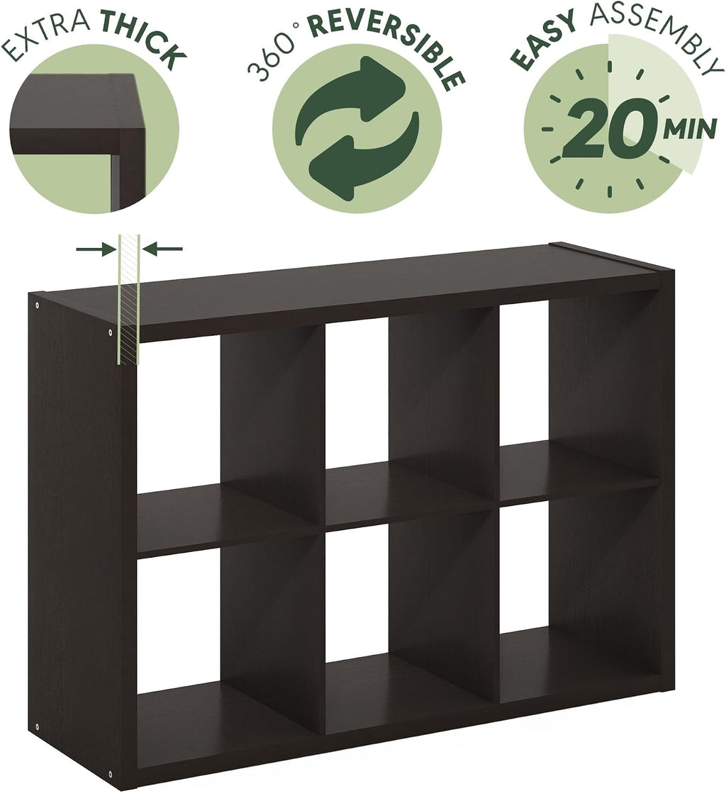 Furinno Cubicle Book Shelf, 6-Cube Bookshelf, Extra Thick Frame Horizontally & Vertically Reversible Bookcase with Open Back, 14.6' x 44' x 30', for Living Room, Bedroom, Home Office, Black Dark Oak
