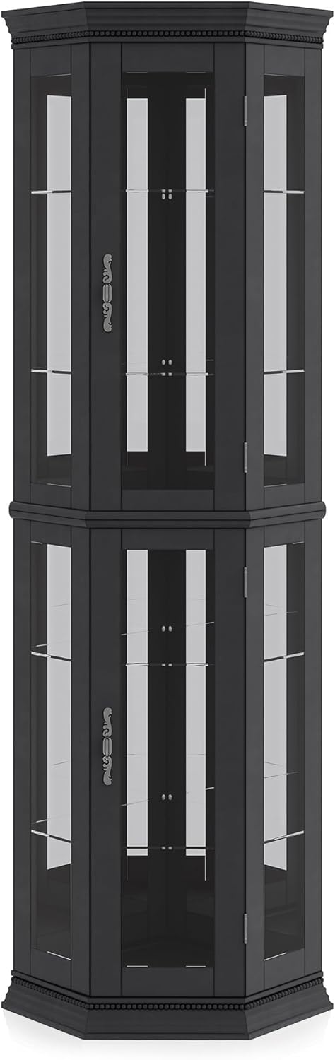 BELLEZE Lighted 3-Side Glass Display Curio Cabinet w/Tempered Glass Doors & Shelves, Accent Wooden Corner Cabinet with Bulb, Corner Storage Decoration Rack for Living Room & Bed-Room Corona (Black)