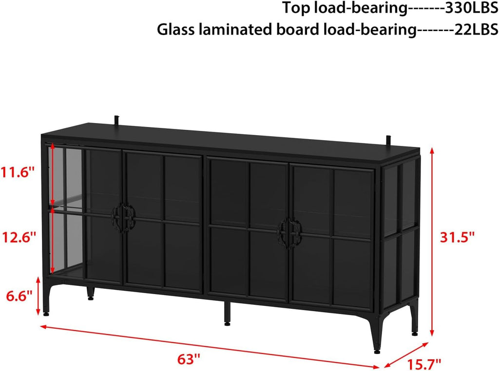 Display Cabinet with Glass Doors & LED Lights, Modern Sideboard Buffet with Glass Shelves, Metal Frame, for Living Room, Black, 63'W x 15.7'D x 31.5'H