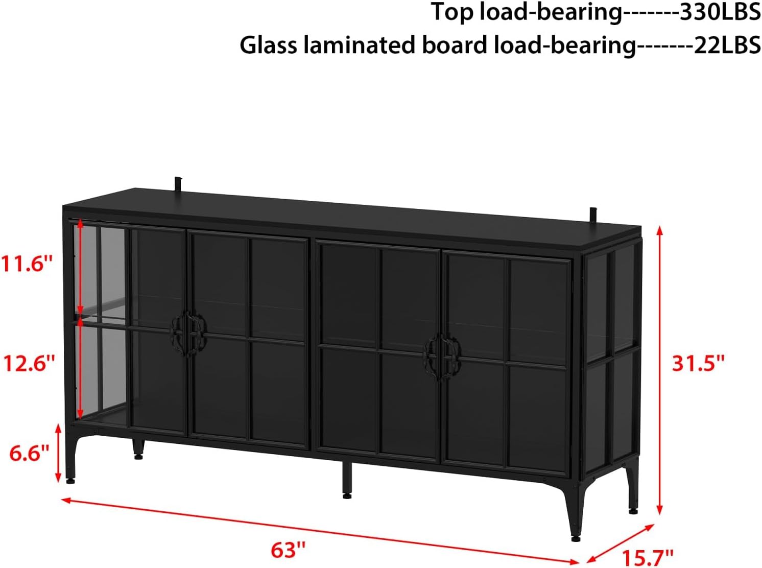 Display Cabinet with Glass Doors & LED Lights, Modern Sideboard Buffet with Glass Shelves, Metal Frame, for Living Room, Black, 63'W x 15.7'D x 31.5'H