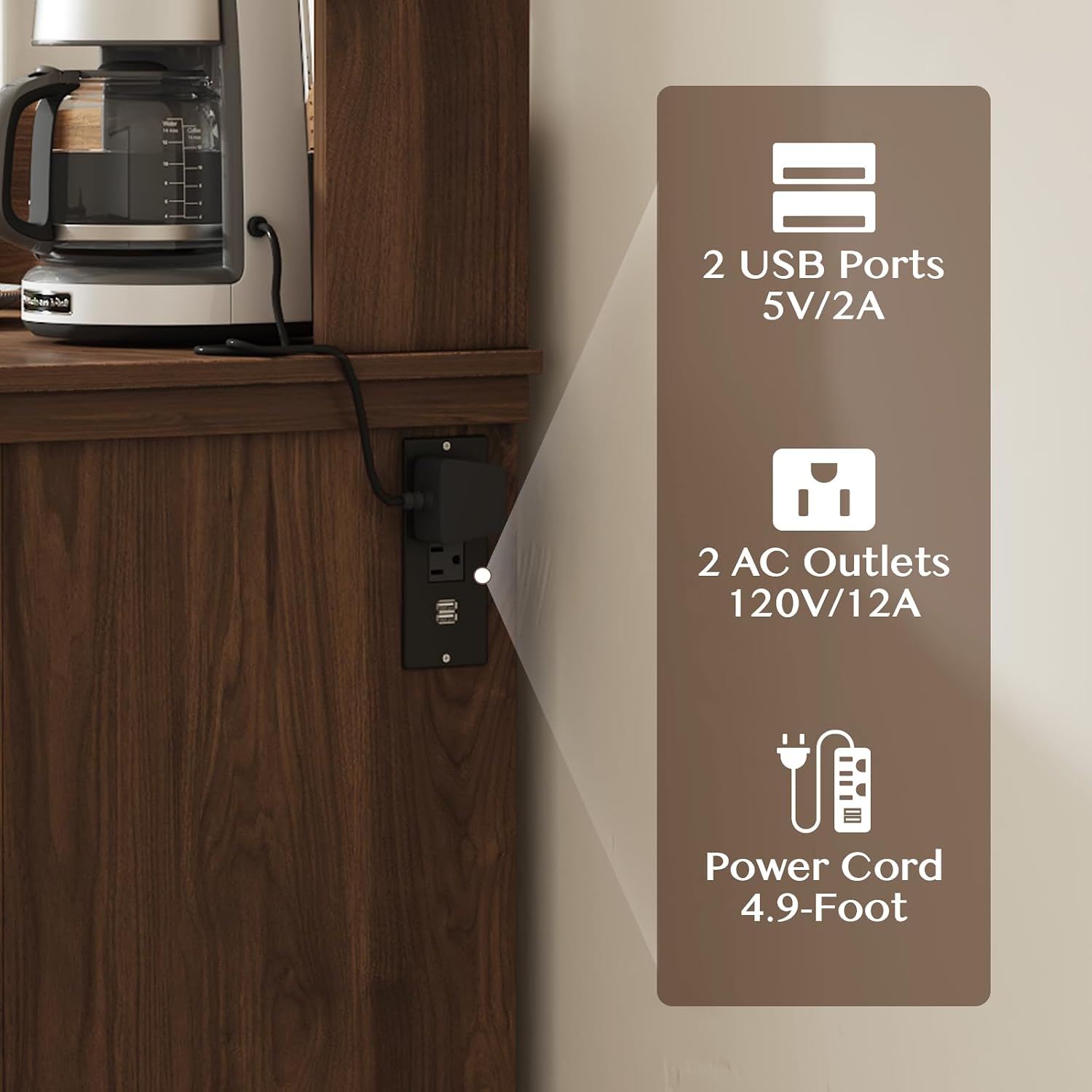 JOINICE Farmhouse Coffee Bar Cabinet with Storage,31.5' Kitchen Cabinet with Hooks and Charging Station,Coffee Station with Adjustable Shelf and Hutch,Sideboard for Living Dining Room