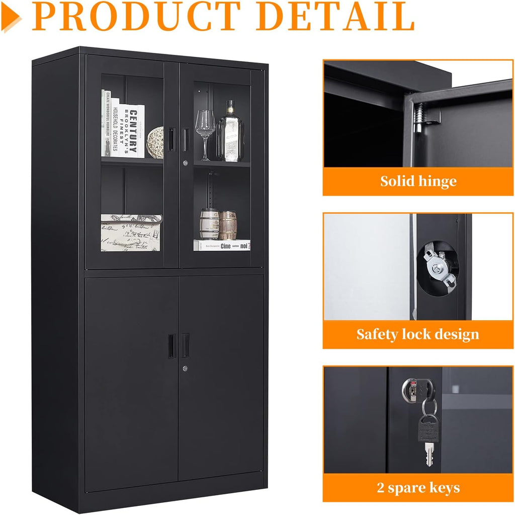 Black Metal Storage Cabinet with Glass Doors, 71' Locking Glass Door Cabinet with 2 Adjustable Shelves, Steel Storage Cabinet with 4 Doors for Home, Living Room, Bathroom