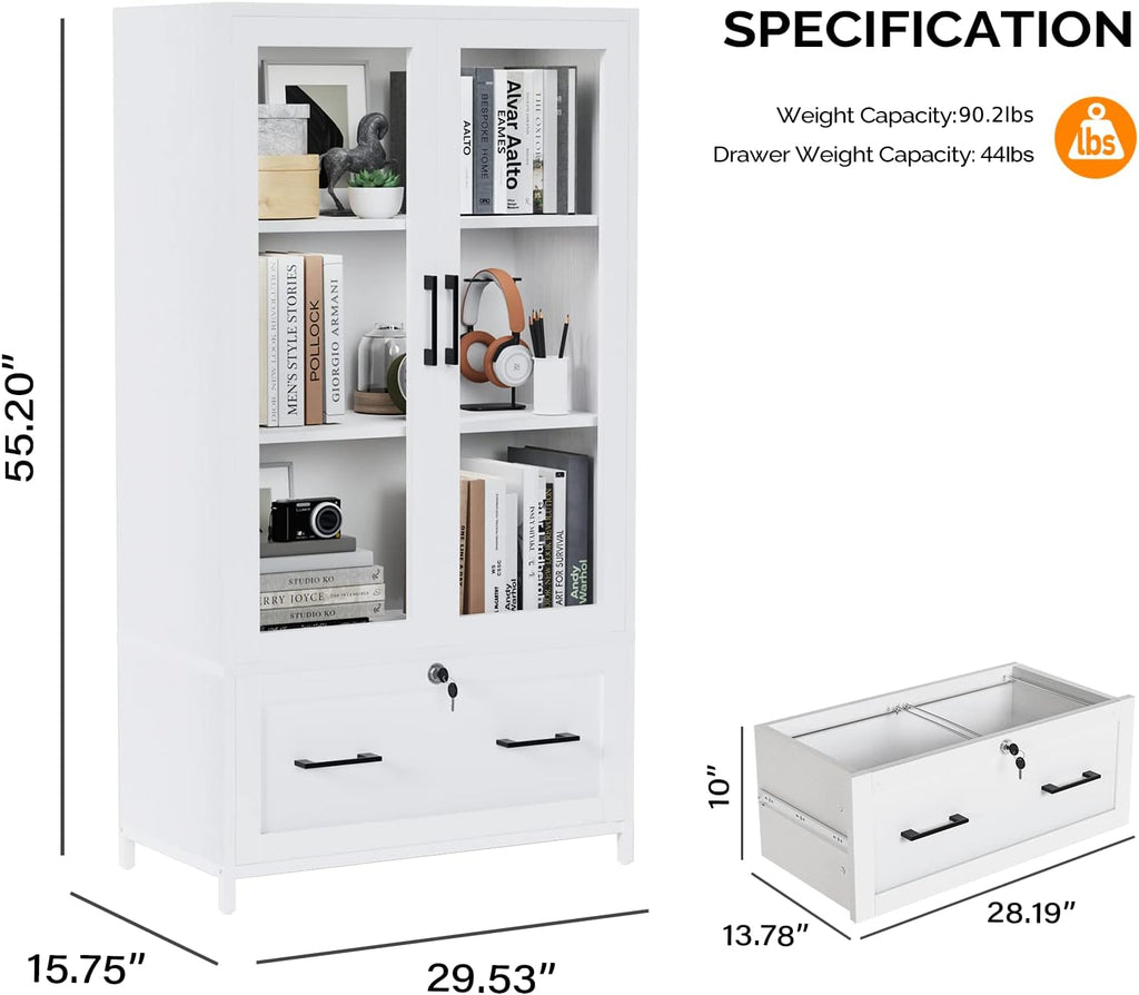 VINGLI Lateral File Cabinet with Glass Doors and Locking Drawer for Hanging File Folders, Bookshelf with Adjustable Shelves for Home Office (White, 30''W x 16''D x 55''H)