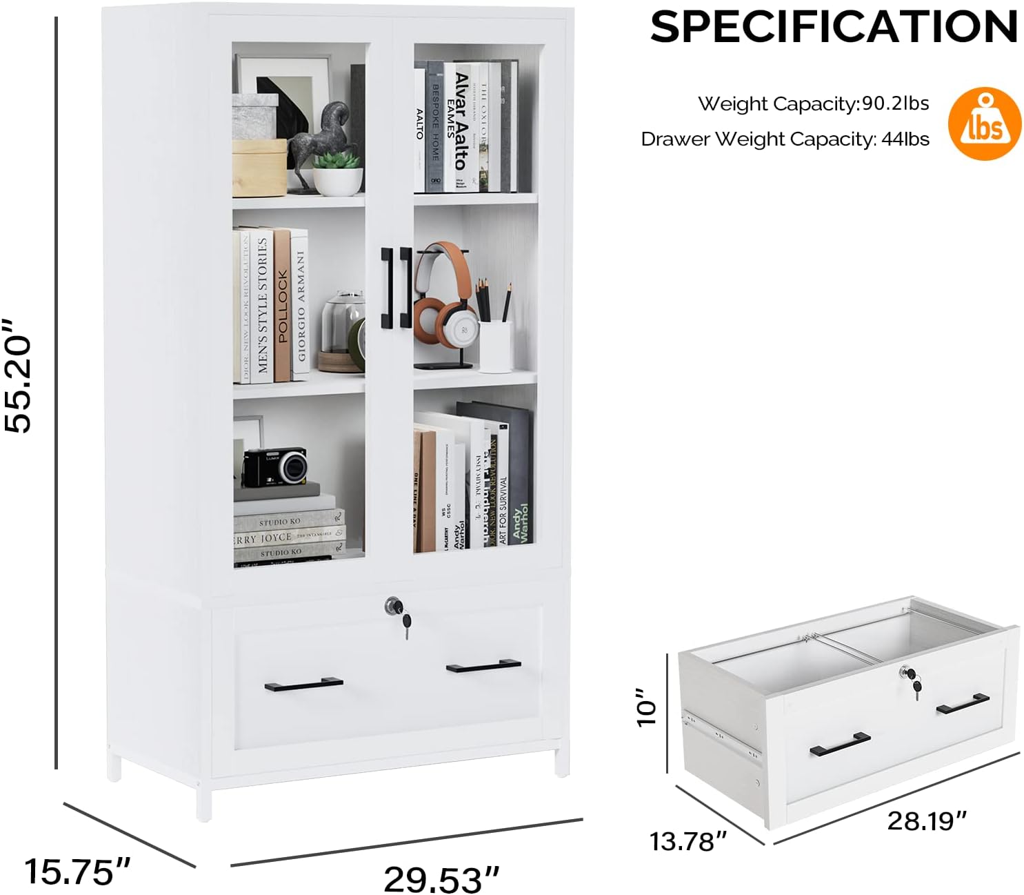 VINGLI Lateral File Cabinet with Glass Doors and Locking Drawer for Hanging File Folders, Bookshelf with Adjustable Shelves for Home Office (White, 30''W x 16''D x 55''H)