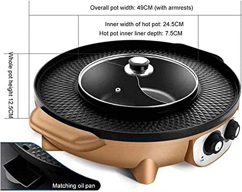 Korean BBQ Grill Smokefree Electric Grill,2200W Large Capacity 2 in 1 Electric Barbecue Grill Indoor Hot Pot with divider, Household Non-Stick Pan with 5 Temperature Adjust (Color : Black)