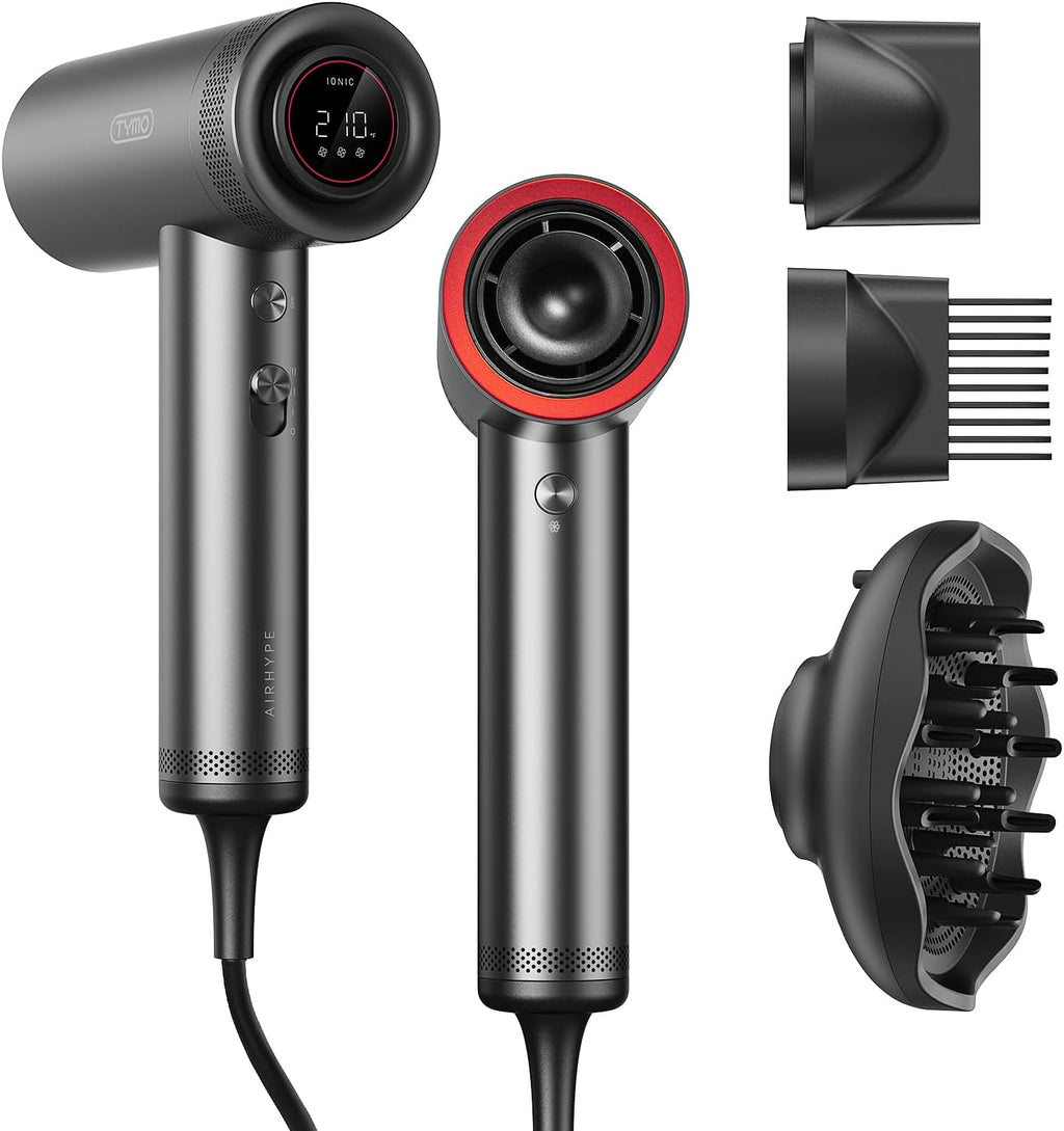 TYMO Hair Dryer with Diffuser for Women - 1500W Professional High Speed Blow Dryer with Comb, 110,000RPM Fast Dry, 200 Million Ionic Hairdryer, 4 Temps & 3 Speeds, 8 Ft Cord for Salon, Metal Gray