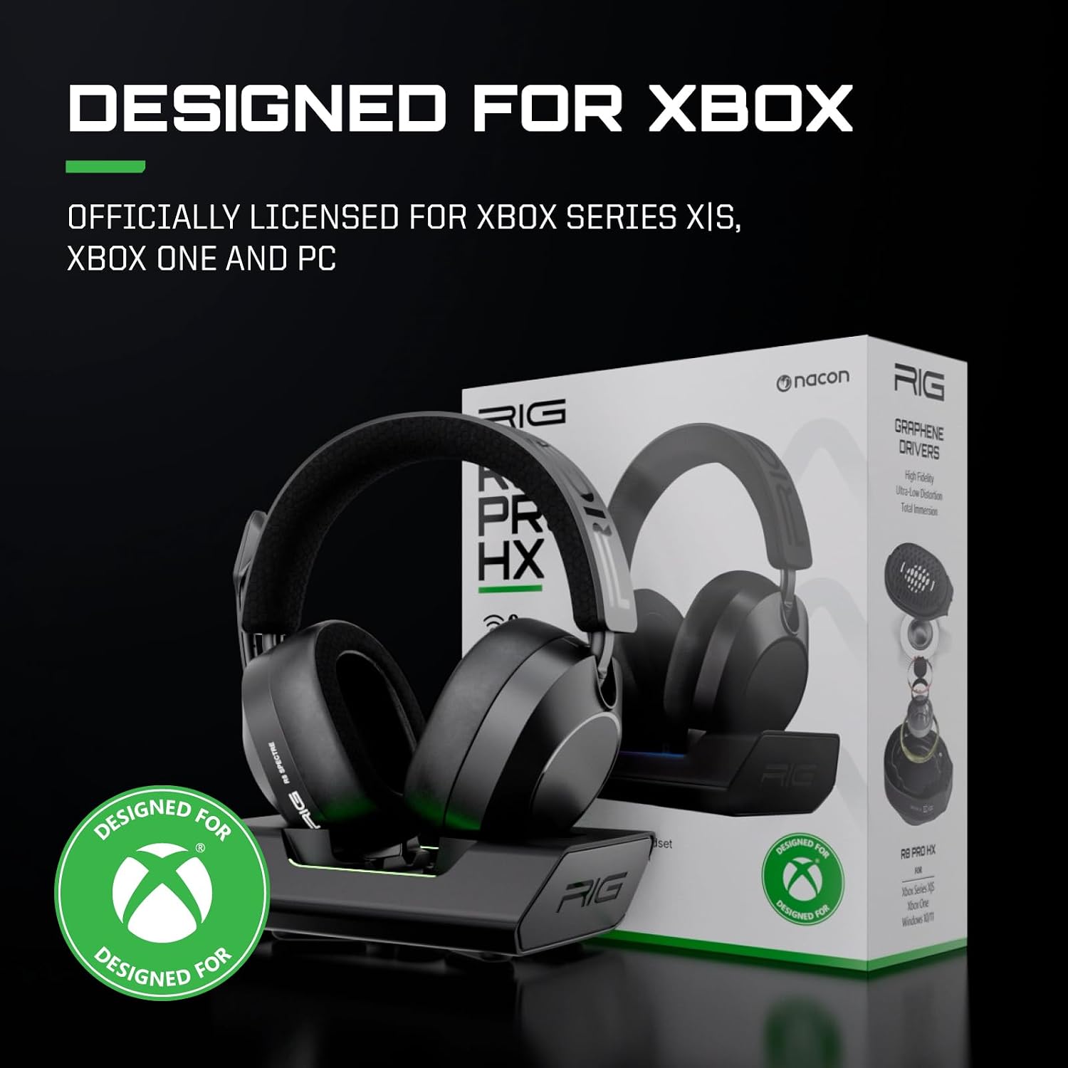 RIG R8 Spectre PRO HX Wireless Gaming Headset for Xbox Series X|S, Xbox One, PC, Mobile; Graphene Drivers, 3D Audio, Noise-Canceling Mic, Dual 2.4GHz / Bluetooth, 60-Hr Battery, RGB Charging Base