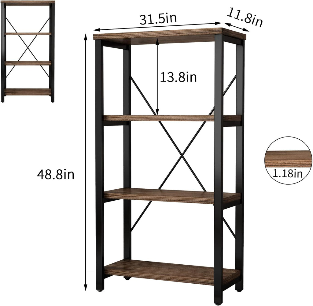 AY-AOYUAN 4 Tier Bookshelf, Solid Wood Bookcase Shelf Storage Organizer, Vintage Storage Rack with Open Shelves Rustic Standing Bookshelves for Living Room,Bedroom Rustic Brown(AY01-4tier)