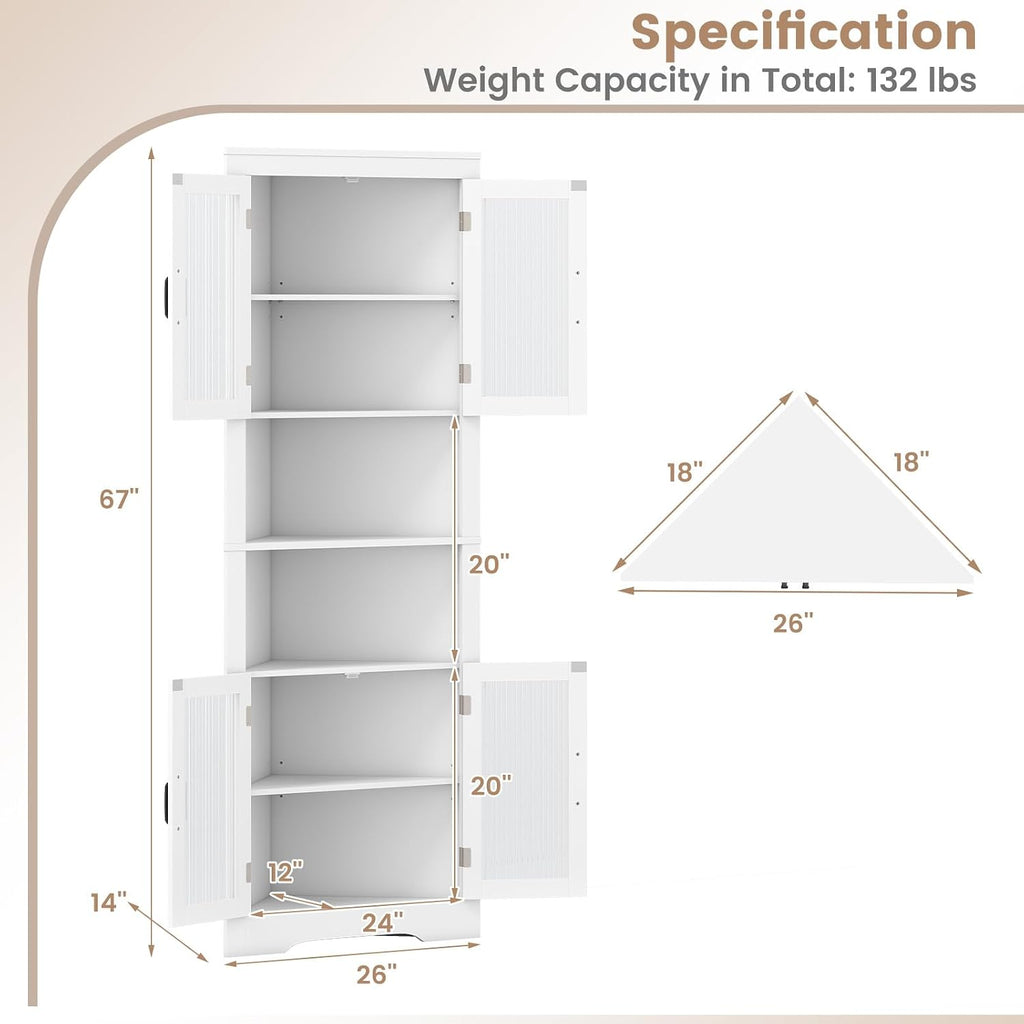 Giantex 67' Tall Corner Cabinet, Space-Saving Triangular Storage Cabinet w/ 4 Tempered Glass Doors, Adjustable Shelves, Freestanding Corner Shelf for Bathroom, Kitchen, Living Room (White)