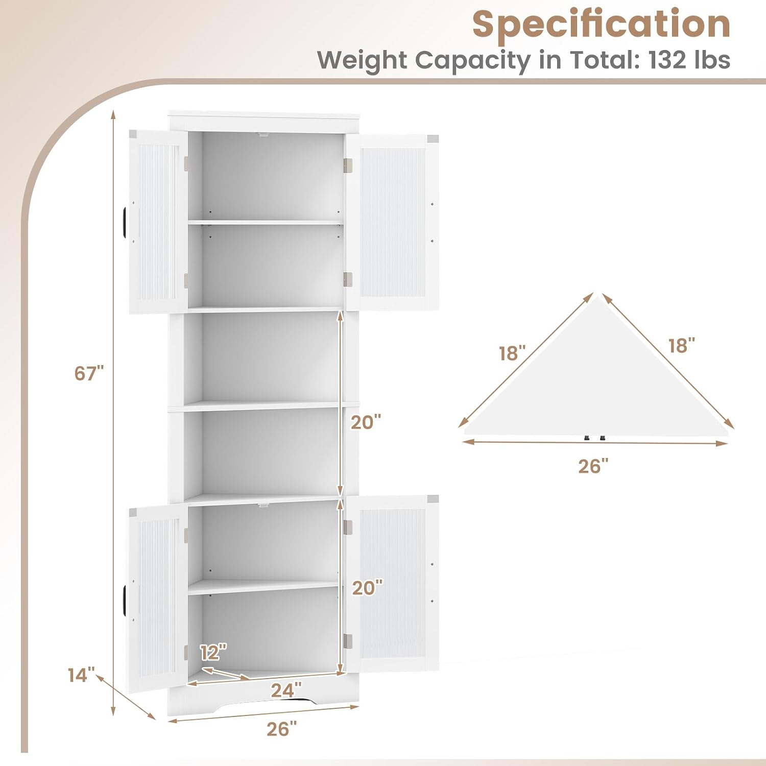 Giantex 67' Tall Corner Cabinet, Space-Saving Triangular Storage Cabinet w/ 4 Tempered Glass Doors, Adjustable Shelves, Freestanding Corner Shelf for Bathroom, Kitchen, Living Room (White)