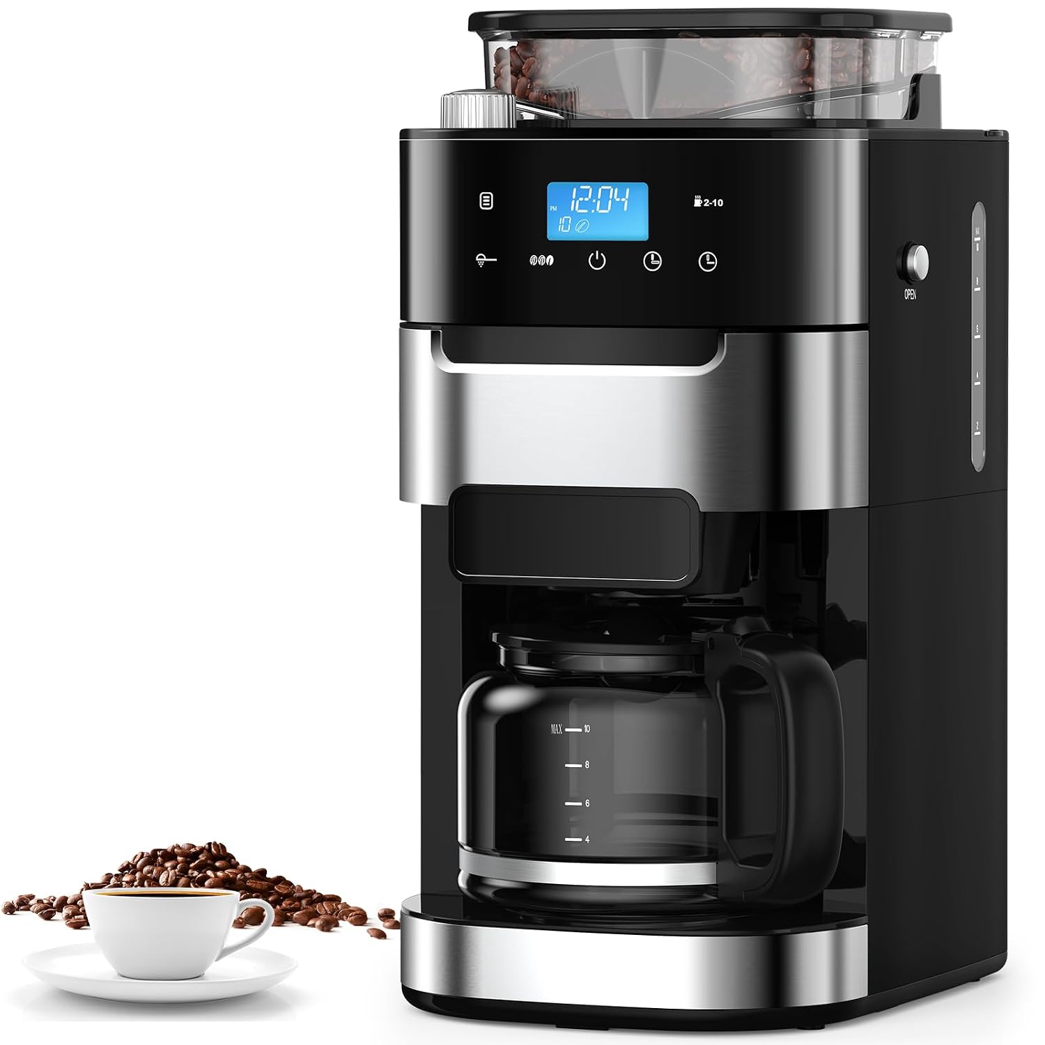 COWSAR 10-Cup Drip Coffee Maker with Built-In Grinder, 24-Hour Programmable, Adjustable Grind & Brew, Keep Warm Plate, 50oz Water Reservoir, Ideal for Home & Office - Black - Commercial Performance