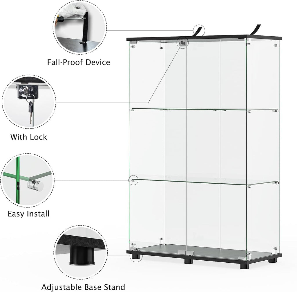 ROOMTEC Glass Display Cabinet with 3 Shelves,Double Doors, Floor Standing Display Cage, for Living Room Bedroom Office, 49.49 x 31.77 x 14.37 in, Black