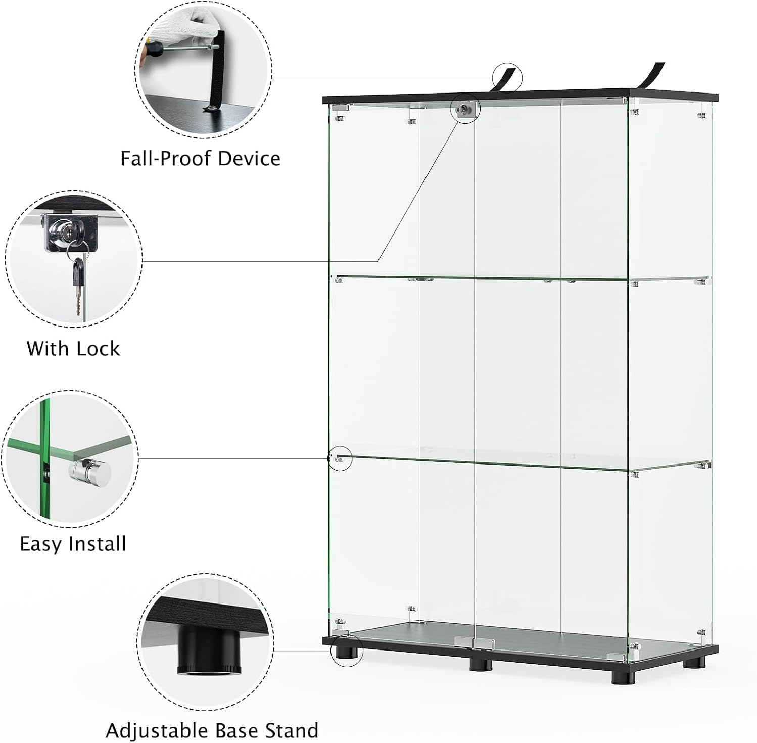 ROOMTEC Glass Display Cabinet with 3 Shelves,Double Doors, Floor Standing Display Cage, for Living Room Bedroom Office, 49.49 x 31.77 x 14.37 in, Black