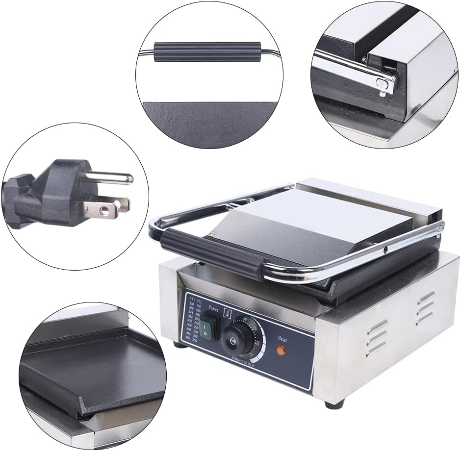 Panini Press Toaster Sandwich Maker, 110V 1800W Non-Stick Commercial Electric Griddle Contact Grill Grooved, for Hamburgers Steaks Bacons Sandwiches Sausages