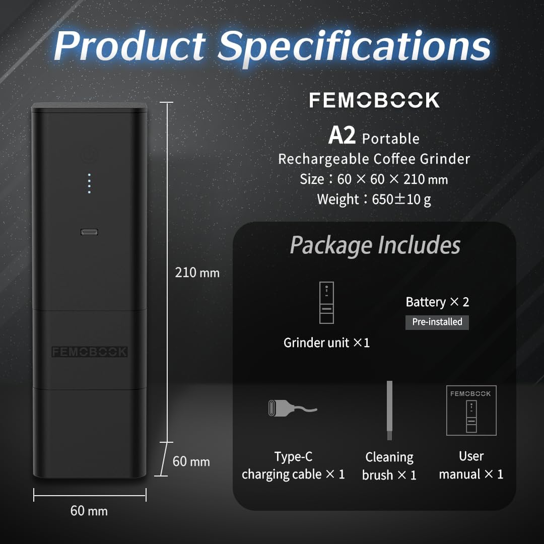 Femobook-A2 Portable Electric Coffee Grinder, Cordless Burr Grinder USB Rechargeable Coffee Grinder Magnetic Grounds Cup Travel & Home Brewing, Black