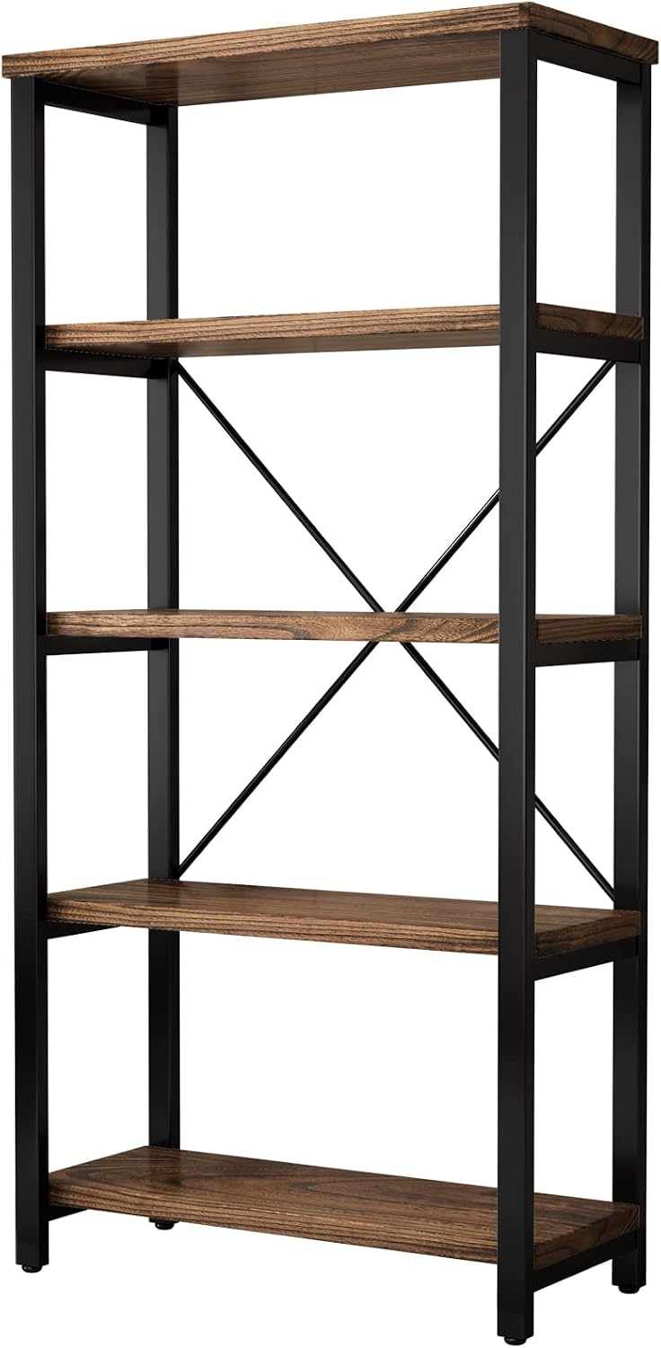 AY-AOYUAN 5 Tier Industrial Solid Wood Bookshelf, Open Etagere Bookcase with Metal Frame, Vintage Industrial Style Bookcase/Metal and Wood Bookshelf Furniture (AY01-5tier)