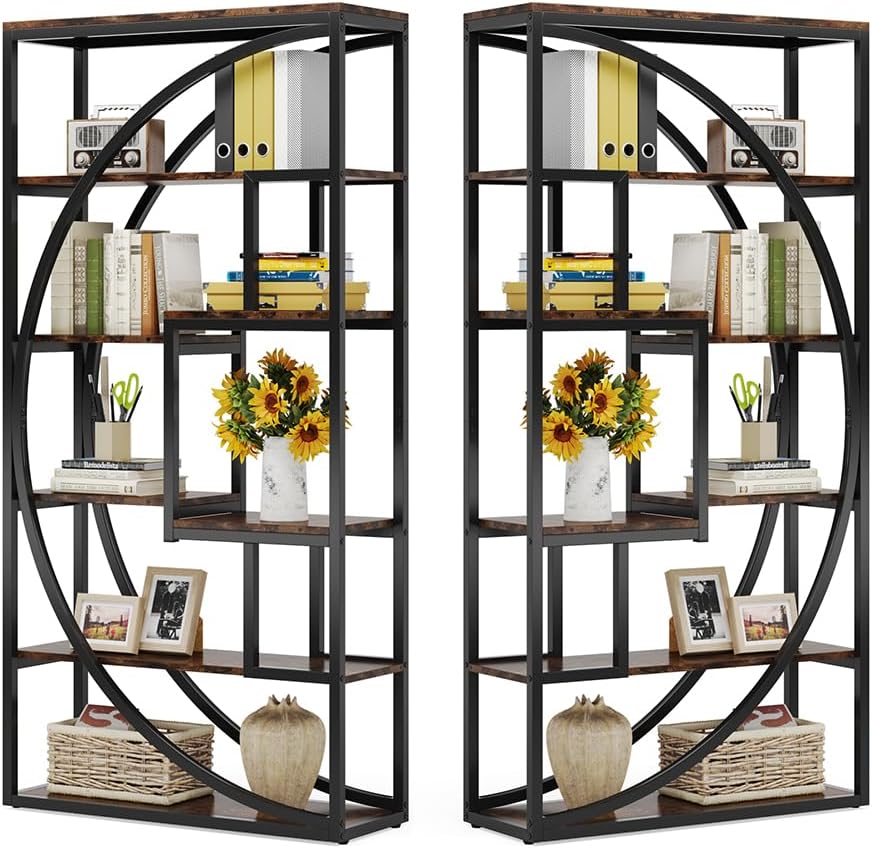 Tribesigns Bookshelf, Industrial 5-Tier Etagere Bookcase, 70.8' Tall Bookshelf with 8 Storage Shelf, Book Shelf Display Tack Shelving Unit for Home Office (Rustic Brown, 2PC)