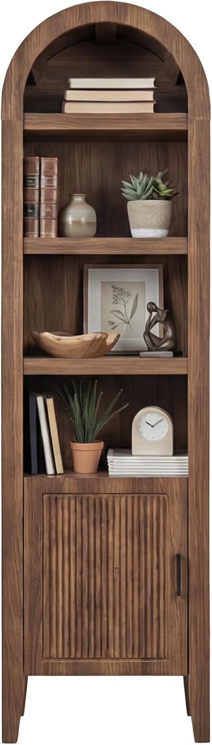Best Choice Products 72' Tall Narrow Arched Pantry Cabinet w/Reeded Door, 4-Tier Bookshelf, Armoire, Hutch, Bookcase, Storage Cabinet w/Adjustable Shelves, for Dining Room and Livingroom - Walnut