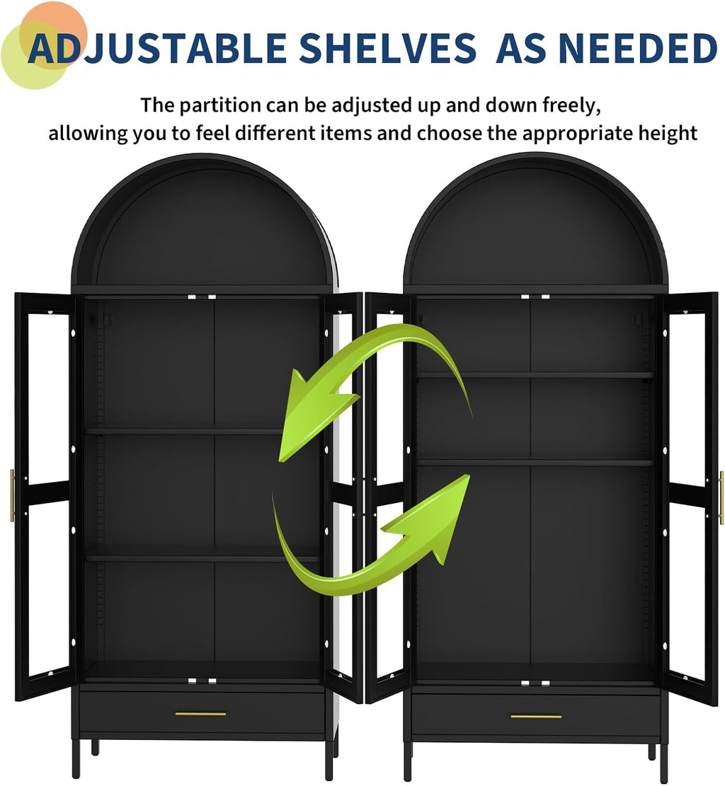 GarveeHome 73' Tall Arched Metal Storage Cabinet with Glass Doors & Drawer,Freestanding Pantry Cabinet with Adjustable Shelves, Modern Accent Bookshelf for Dining Room/Living Room, Black