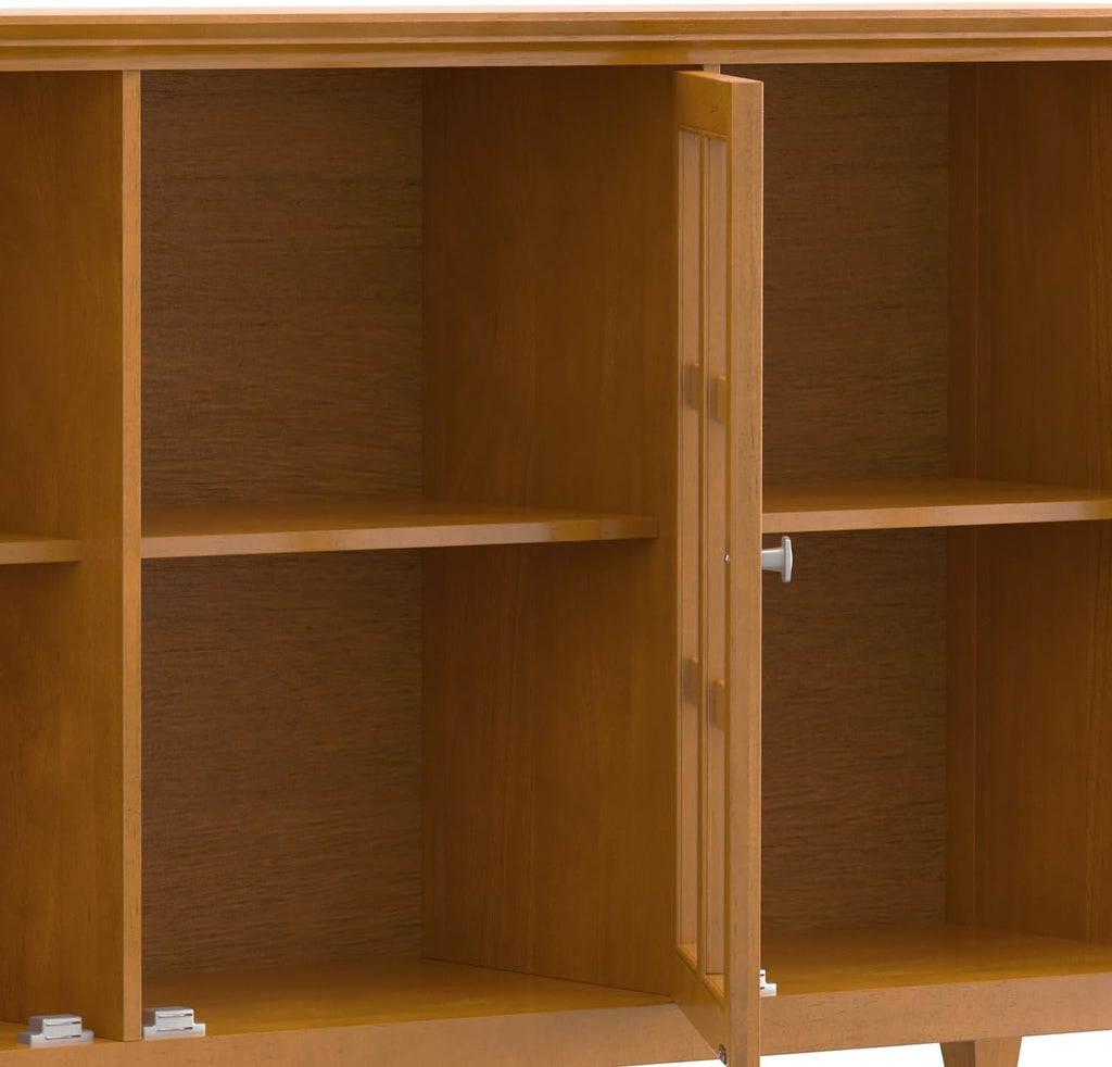 SIMPLIHOME Acadian Storage Cabinet - 62 inch Wide Solid Wood 3-Shelf Sideboard in Light Golden Brown, Transitional Buffet for Living Room, Entryway, or Dining Room with Adjustable Shelves