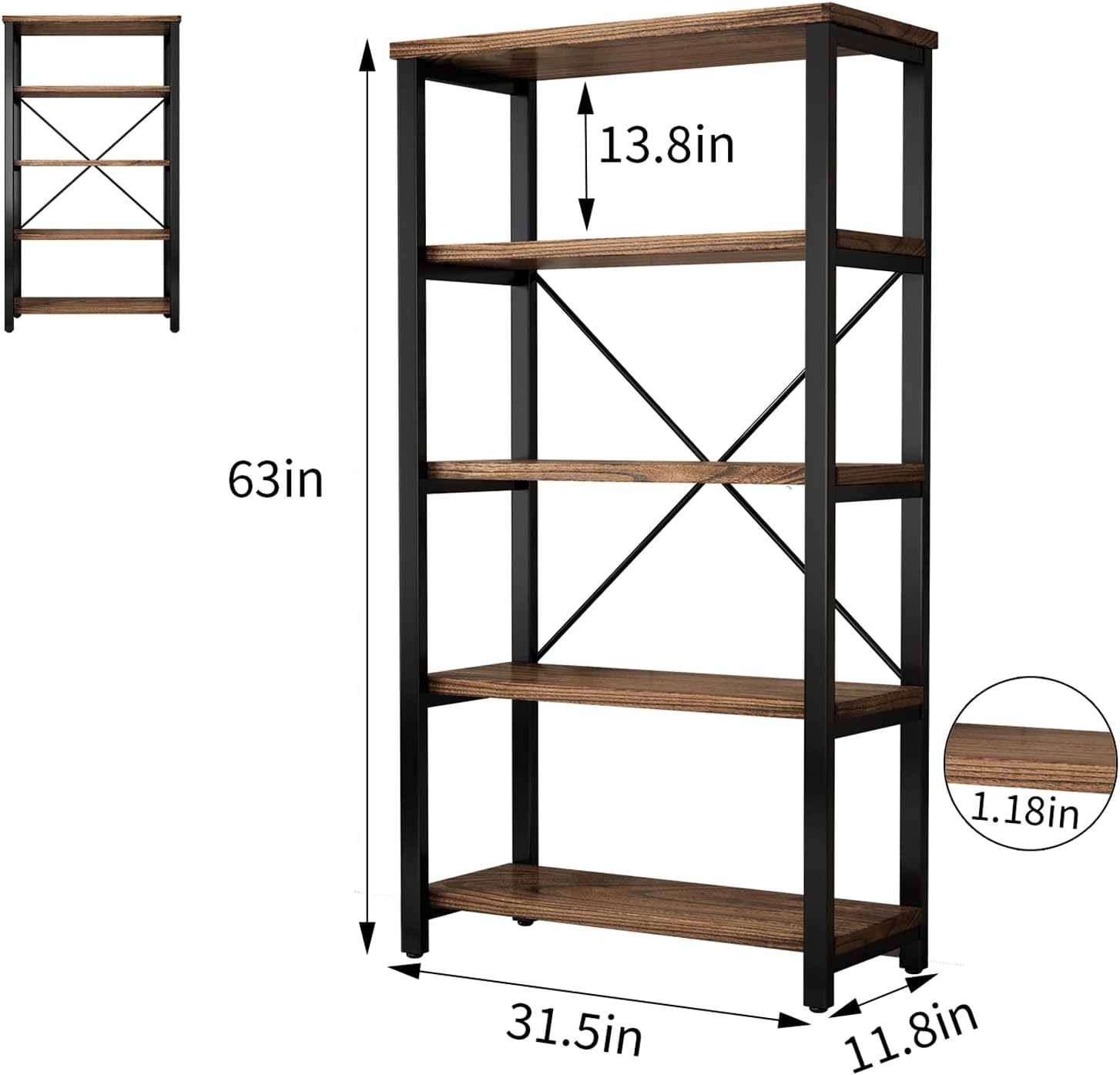 AY-AOYUAN 5 Tier Industrial Solid Wood Bookshelf, Open Etagere Bookcase with Metal Frame, Vintage Industrial Style Bookcase/Metal and Wood Bookshelf Furniture (AY01-5tier)